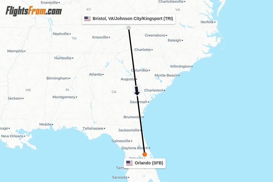 Flights from Bristol, VA/Johnson City/Kingsport to Orlando route map