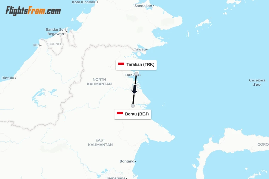 Flights from Tarakan to Berau route map