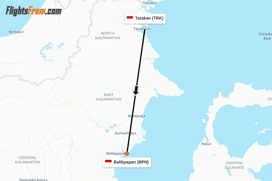 Flights from Tarakan to Balikpapan route map