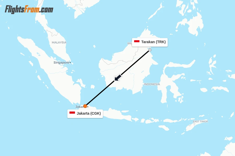 Flights from Tarakan to Jakarta route map