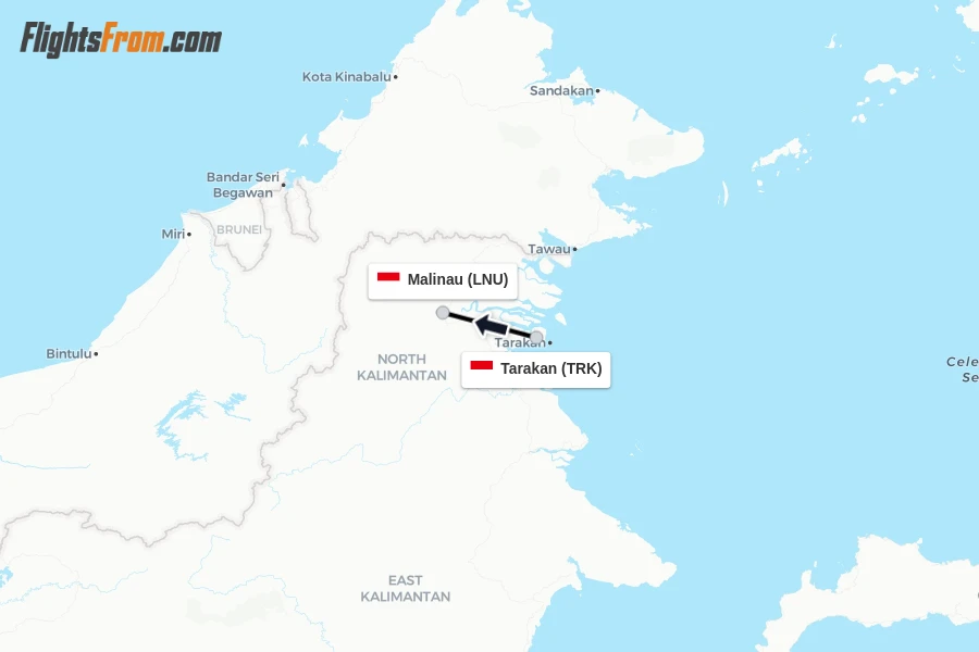 Flights from Tarakan to Malinau route map