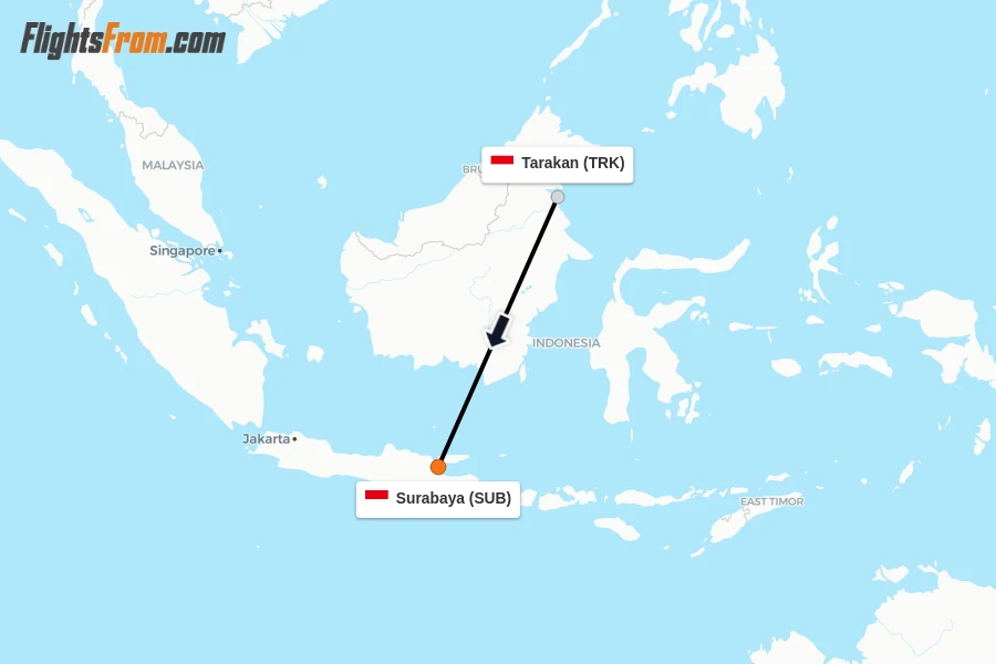 Flights from Tarakan to Surabaya route map