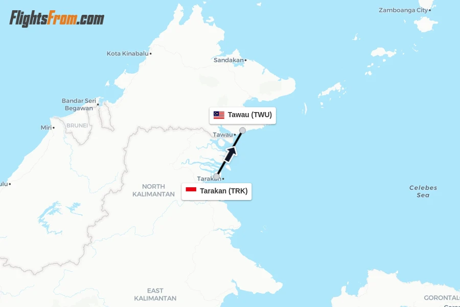Flights from Tarakan to Tawau route map