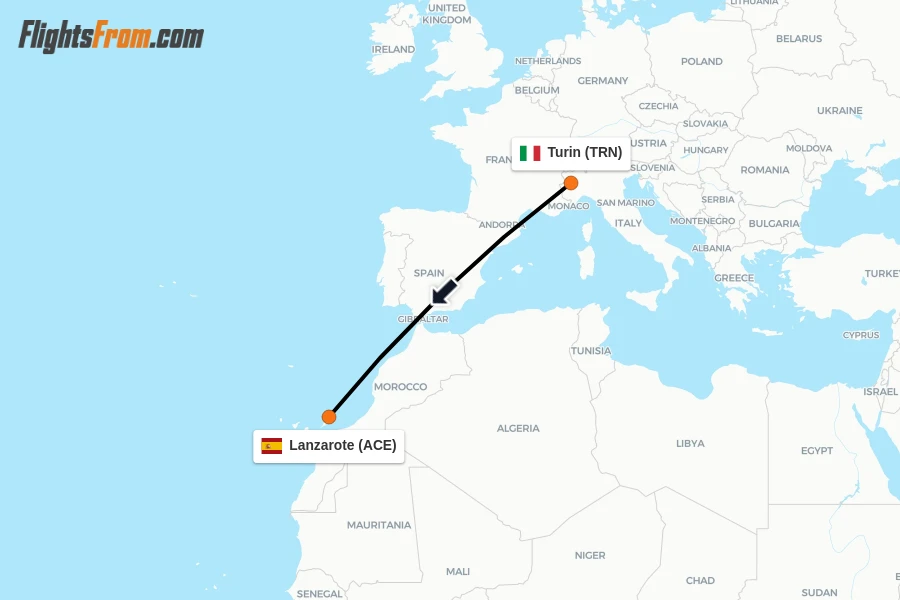 Flights from Turin to Lanzarote route map