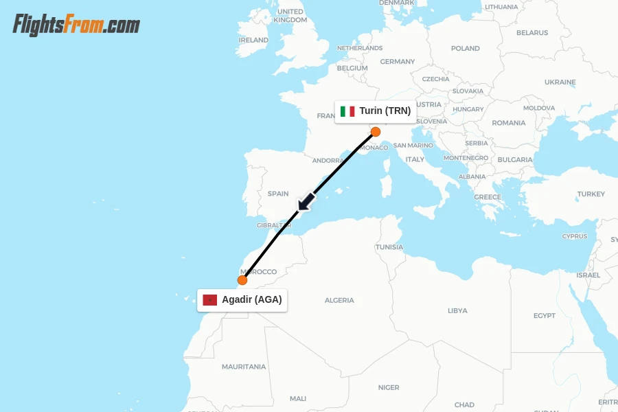 Flights from Turin to Agadir route map