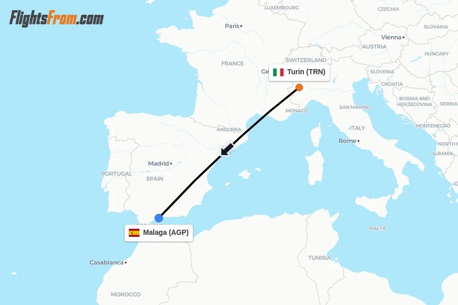 Flights from Turin to Malaga route map