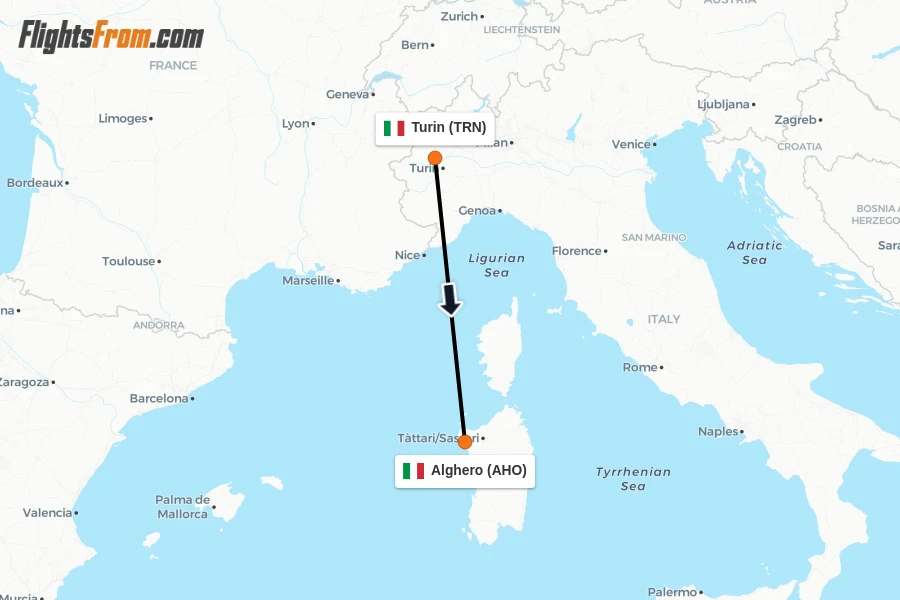 Flights from Turin to Alghero route map