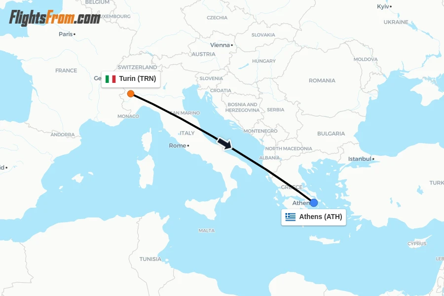 Flights from Turin to Athens route map