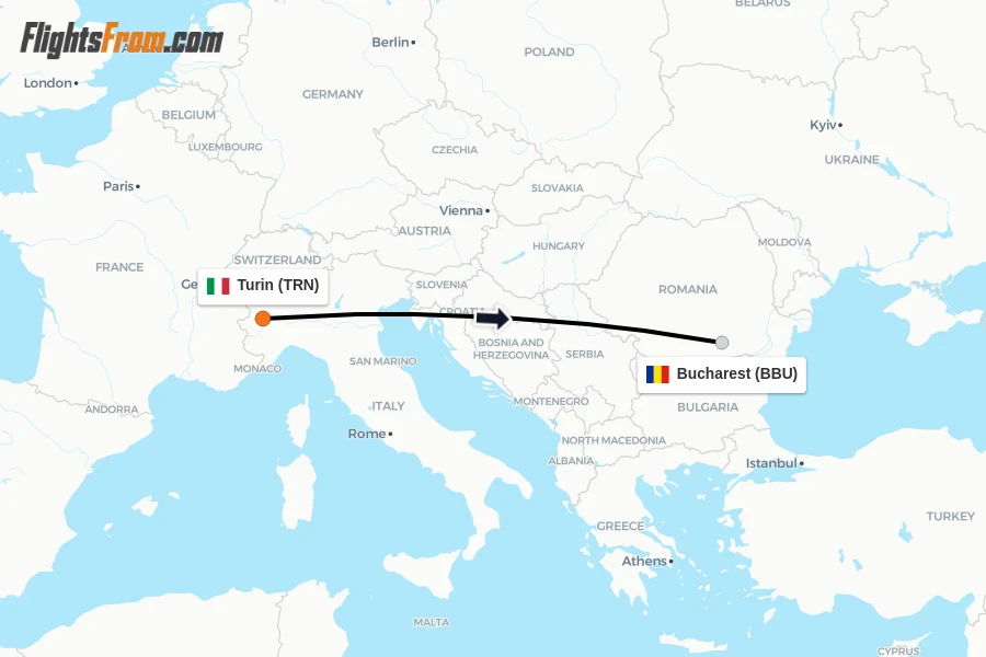 Flights from Turin to Bucharest route map