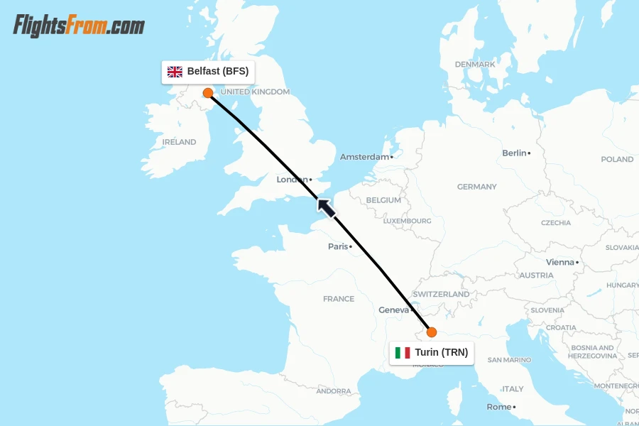 Flights from Turin to Belfast route map