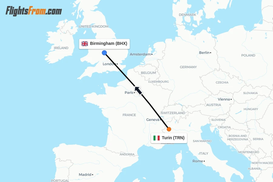 Flights from Turin to Birmingham route map