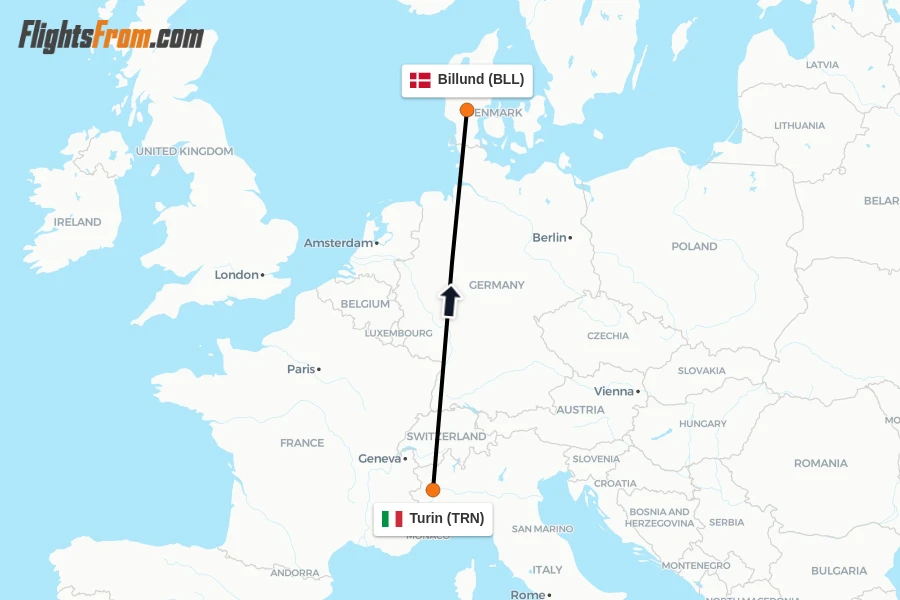 Flights from Turin to Billund route map