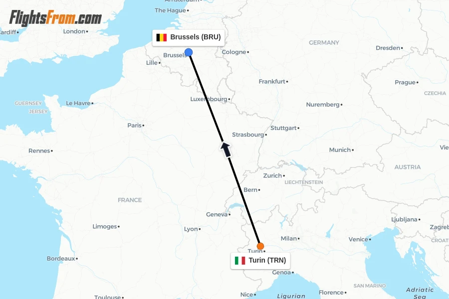 Flights from Turin to Brussels route map