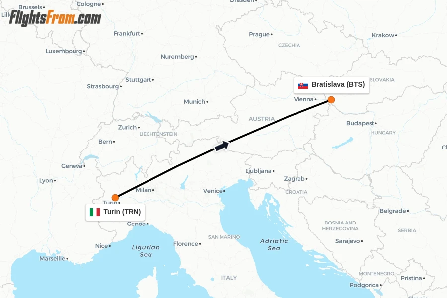 Flights from Turin to Bratislava route map