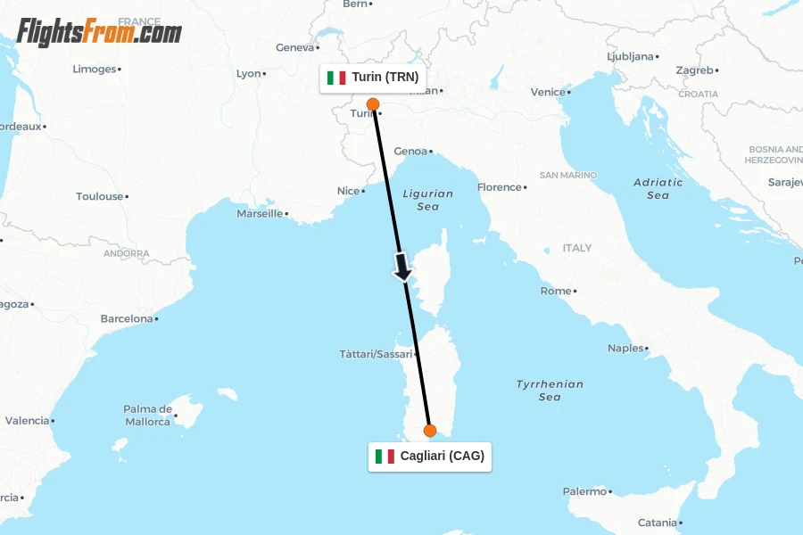 Flights from Turin to Cagliari route map