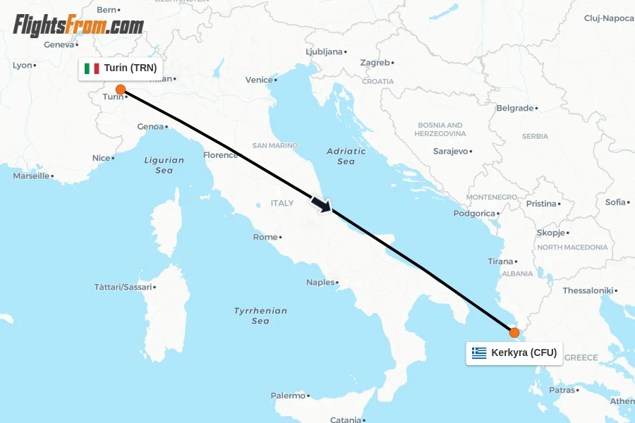 Flights from Turin to Kerkyra route map