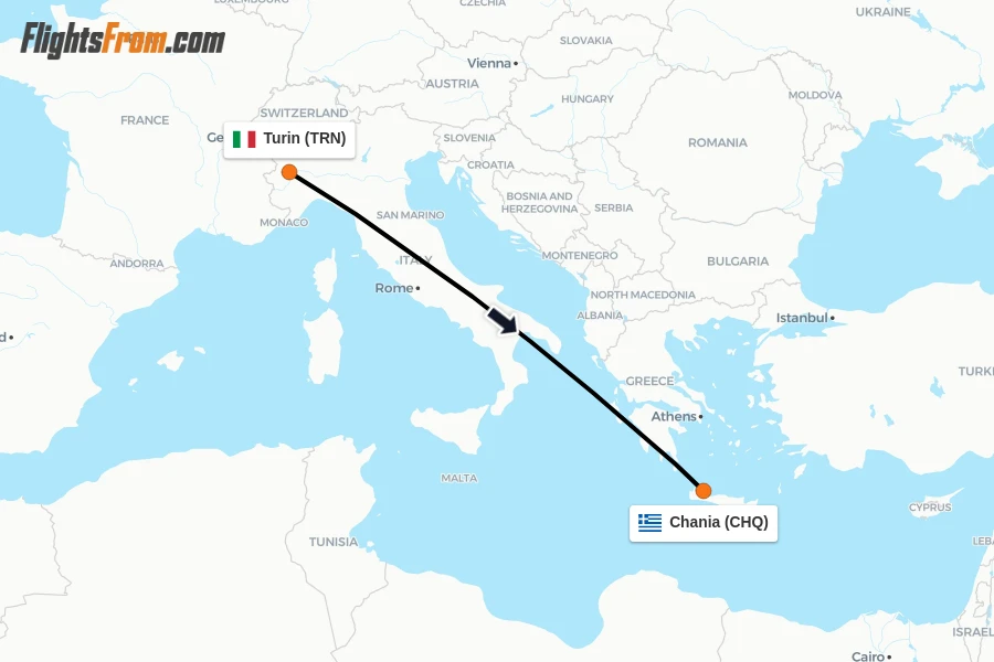 Flights from Turin to Chania route map