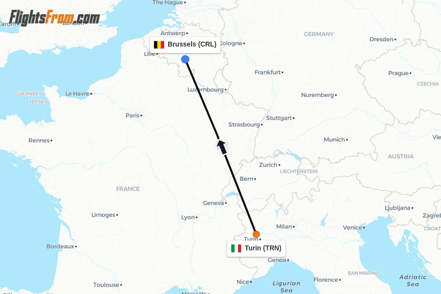 Flights from Turin to Brussels route map