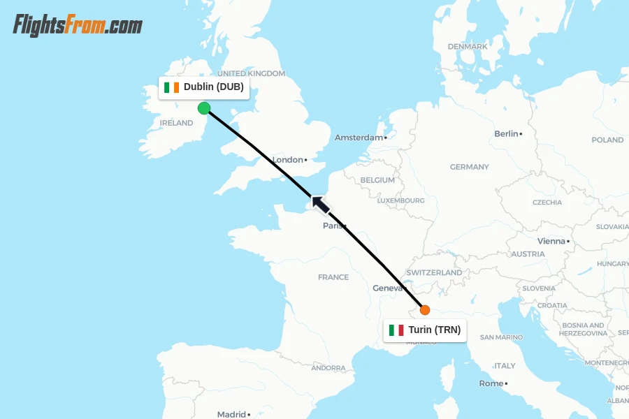 Flights from Turin to Dublin route map