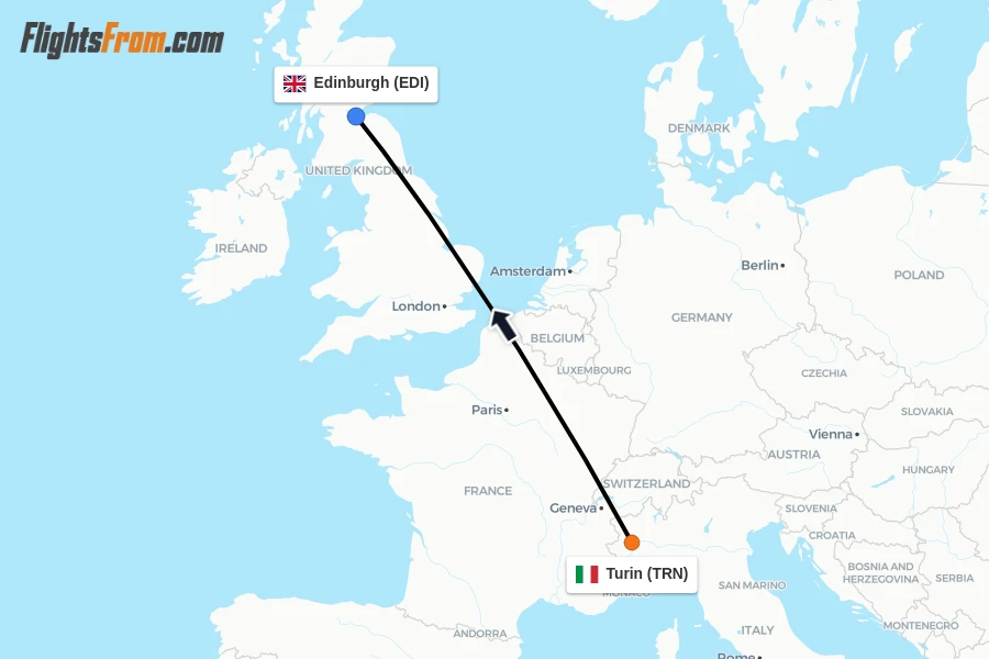 Flights from Turin to Edinburgh route map