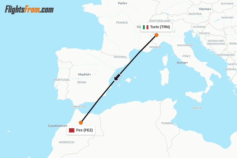 Flights from Turin to Fes route map