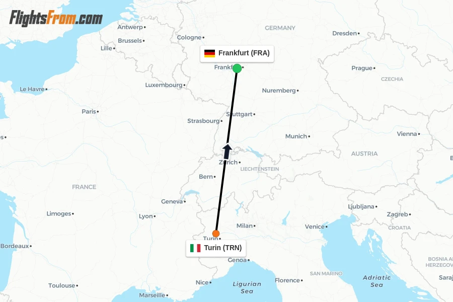 Flights from Turin to Frankfurt route map