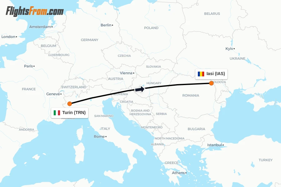 Flights from Turin to Iasi route map