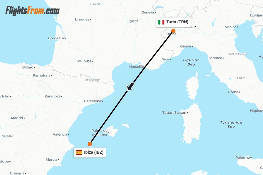 Flights from Turin to Ibiza route map