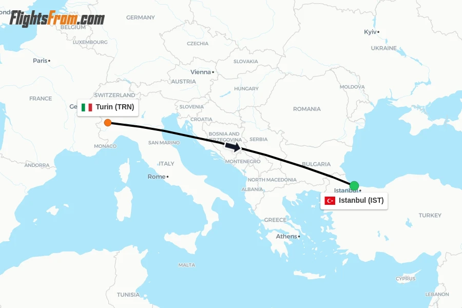 Flights from Turin to Istanbul route map