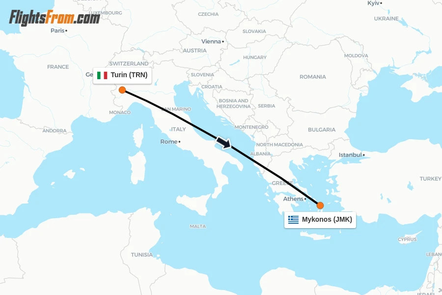Flights from Turin to Mykonos route map