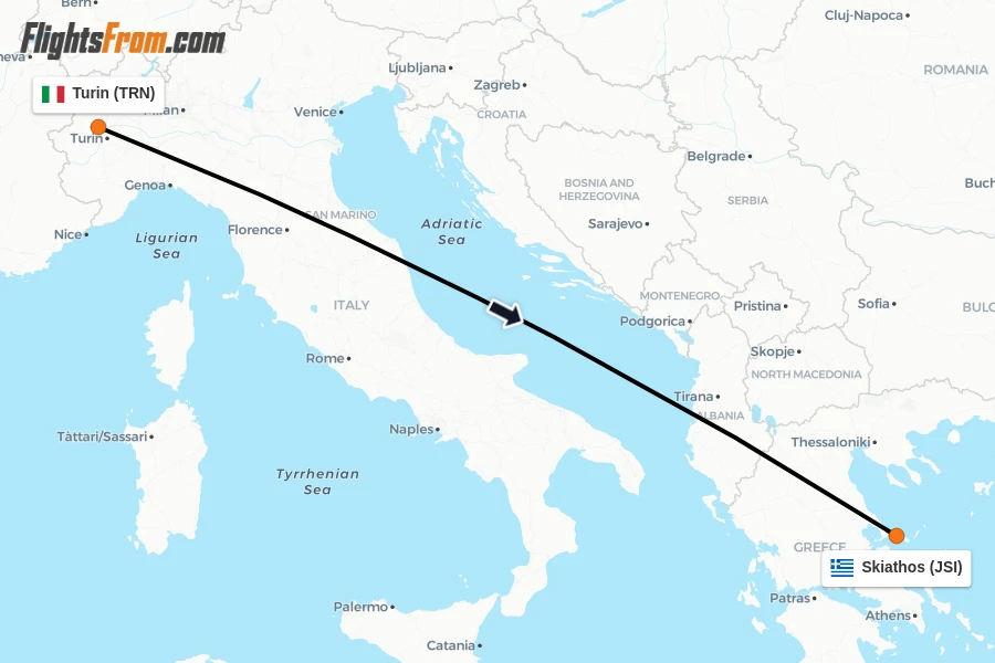 Flights from Turin to Skiathos route map