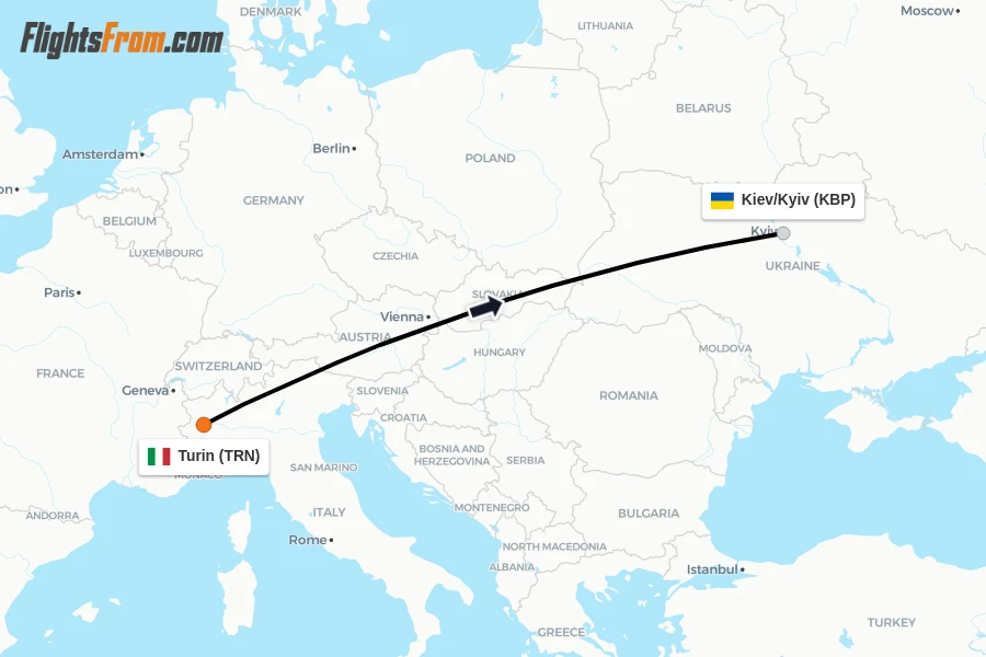 Flights from Turin to Kiev/Kyiv route map