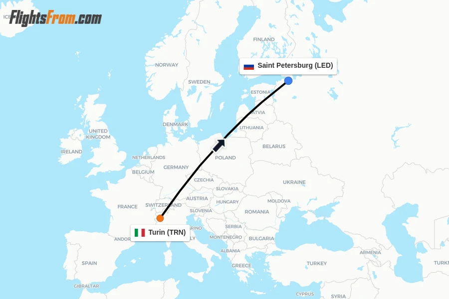 Flights from Turin to Saint Petersburg route map