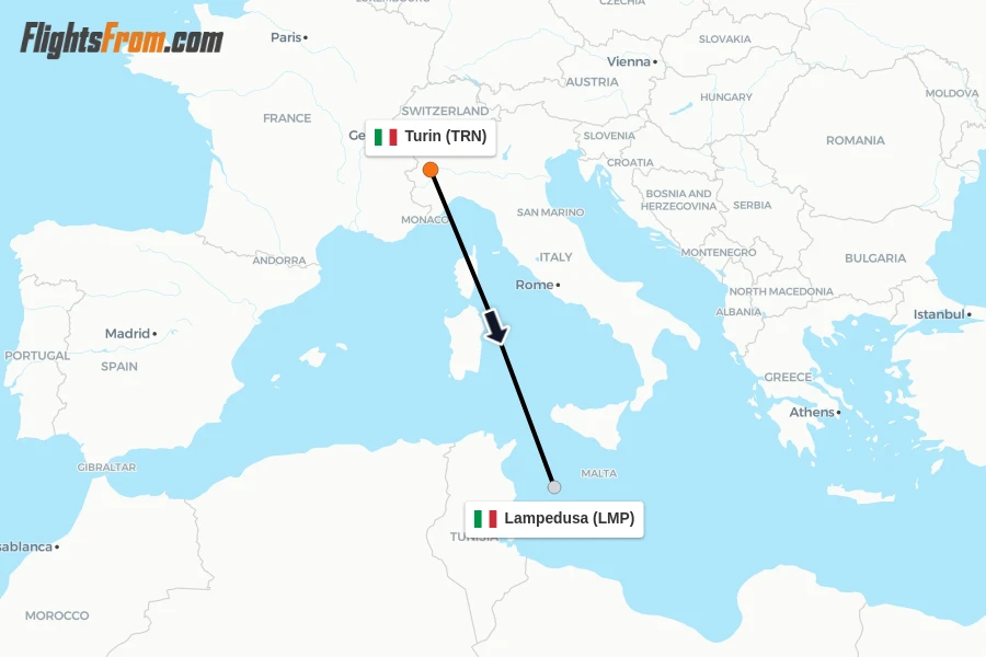 Flights from Turin to Lampedusa route map