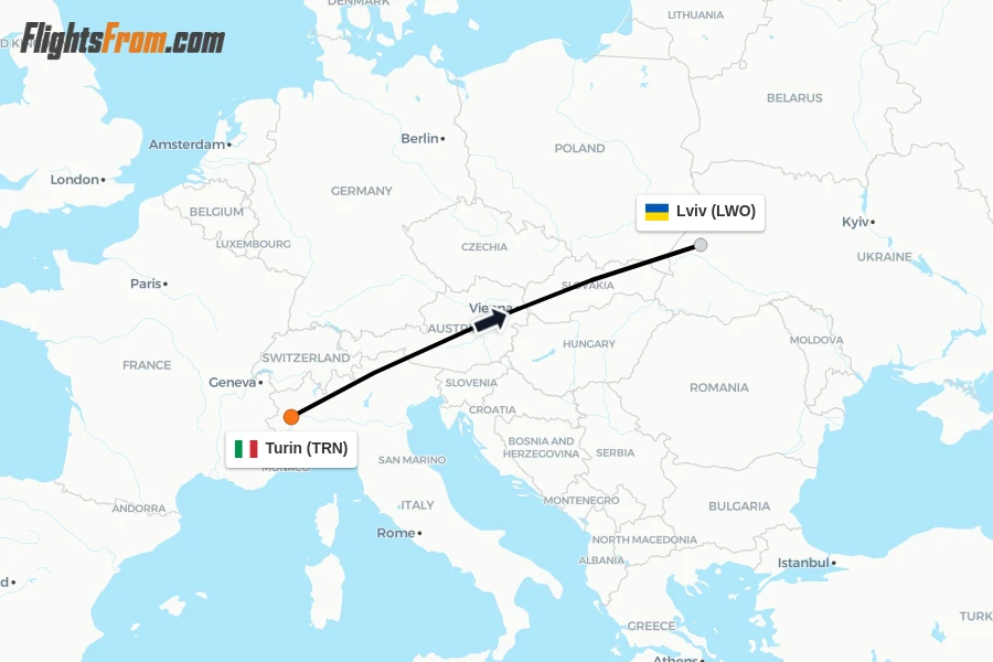Flights from Turin to Lviv route map