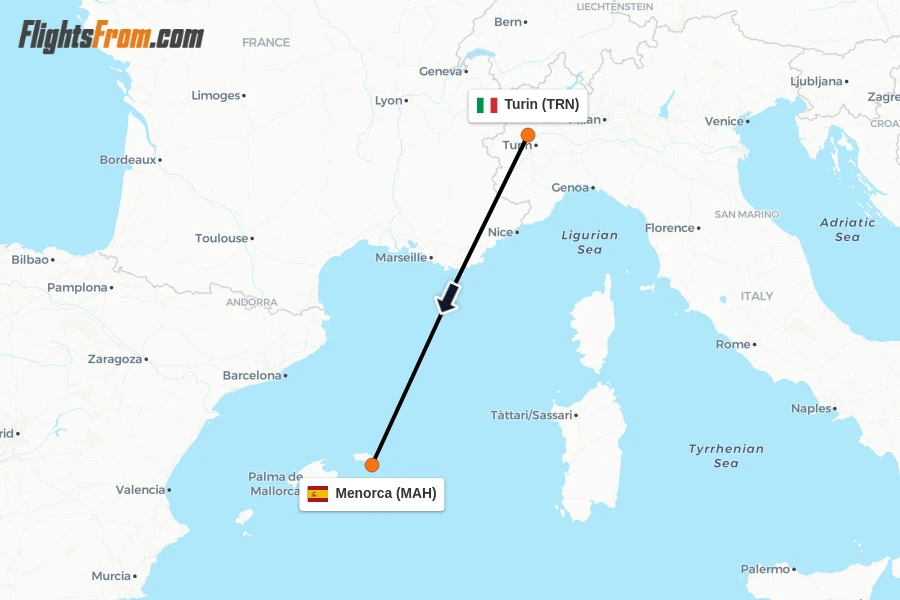 Flights from Turin to Menorca route map