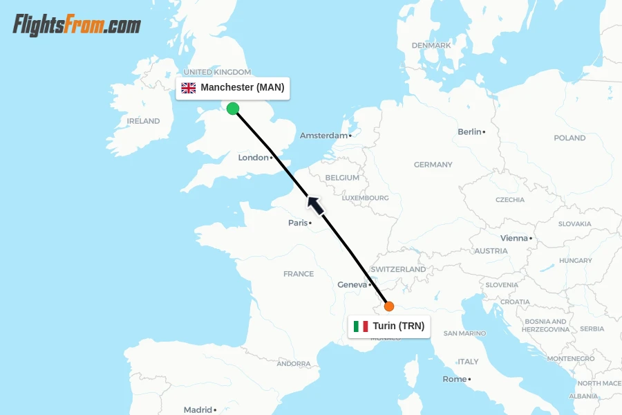 Flights from Turin to Manchester route map