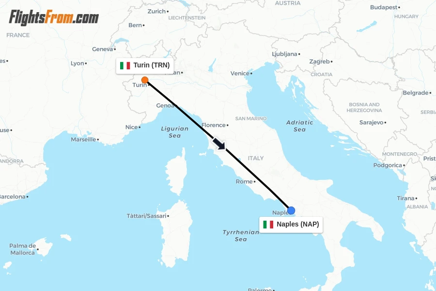 Flights from Turin to Naples route map