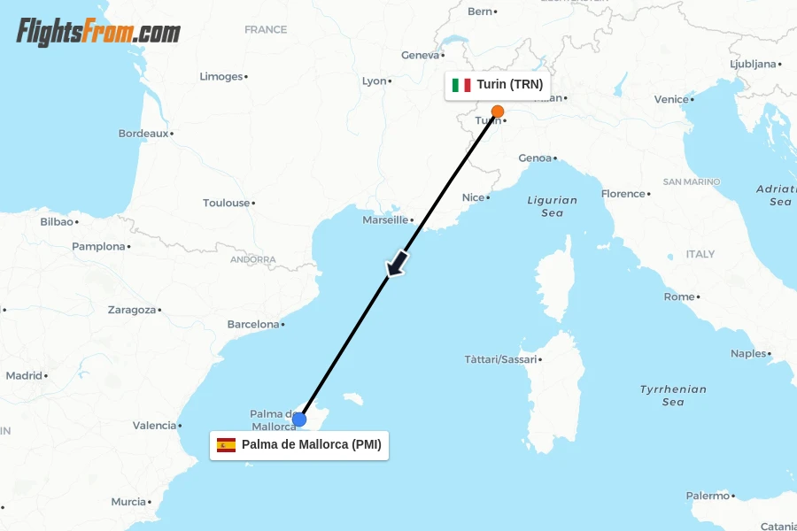 Flights from Turin to Palma de Mallorca route map