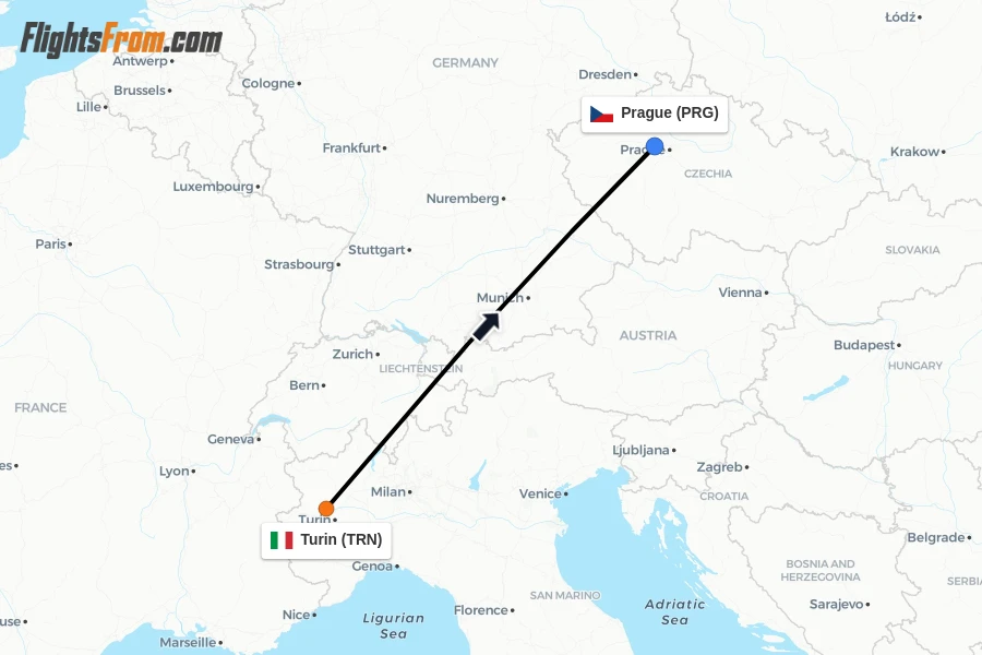 Flights from Turin to Prague route map