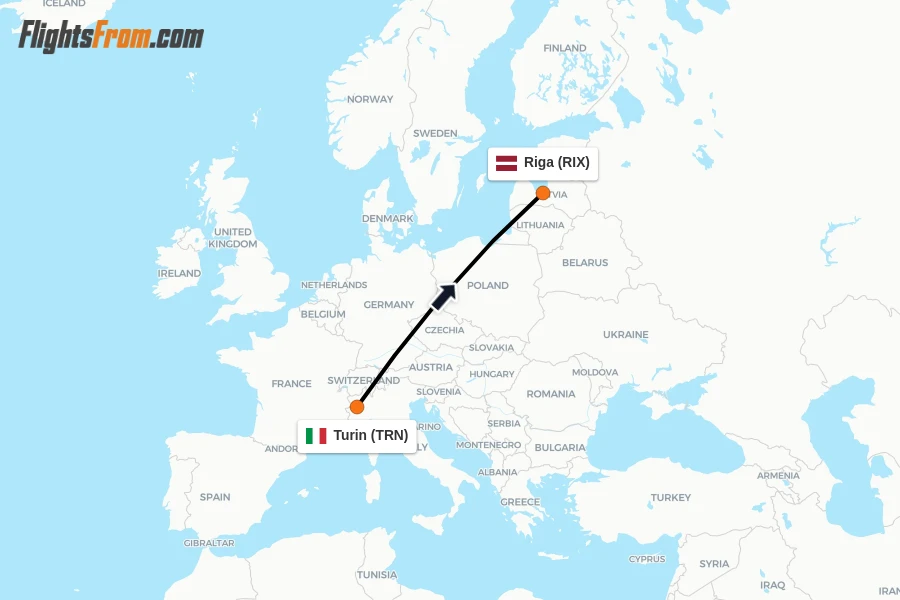 Flights from Turin to Riga route map