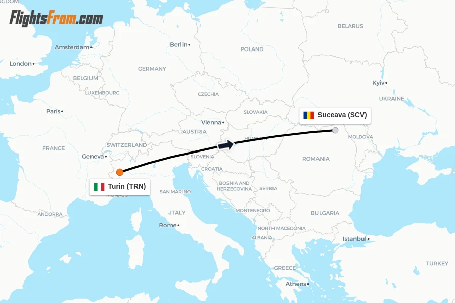 Flights from Turin to Suceava route map