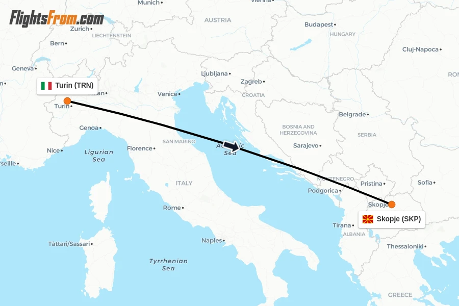 Flights from Turin to Skopje route map