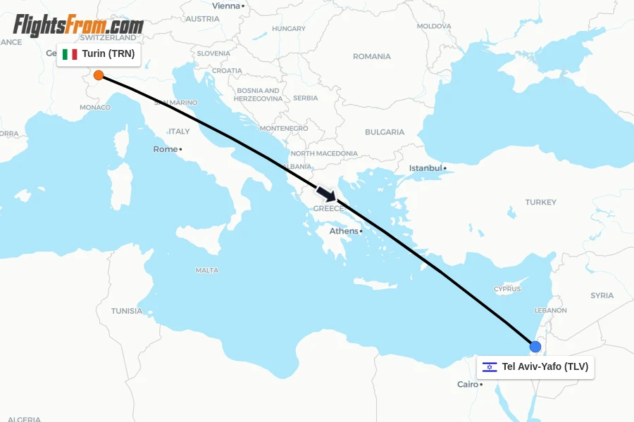 Flights from Turin to Tel Aviv-Yafo route map