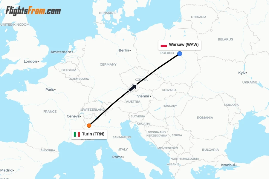Flights from Turin to Warsaw route map