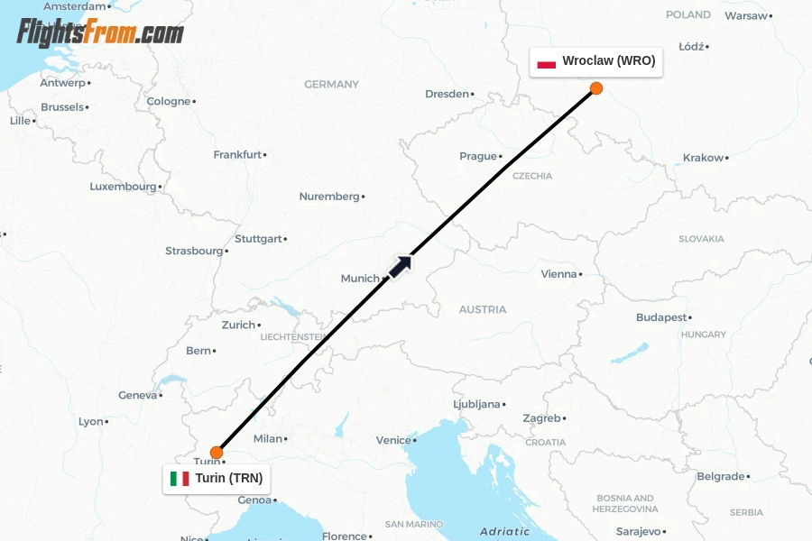 Flights from Turin to Wroclaw route map