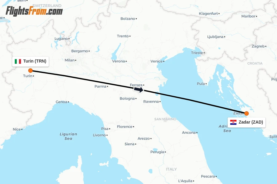 Flights from Turin to Zadar route map
