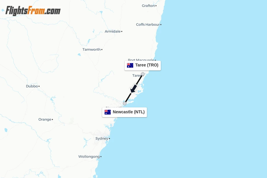 Flights from Taree to Newcastle route map