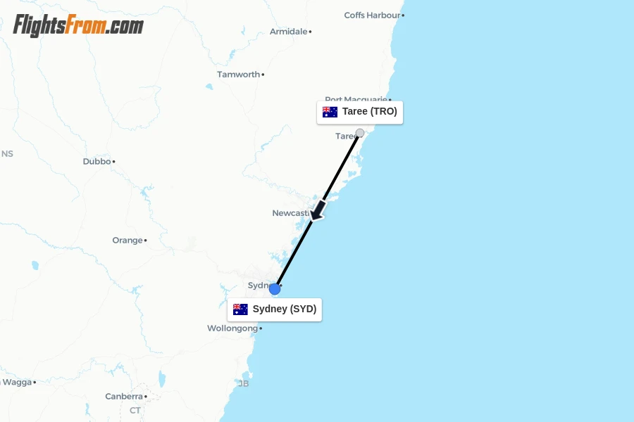 Flights from Taree to Sydney route map