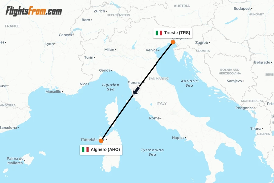 Flights from Trieste to Alghero route map